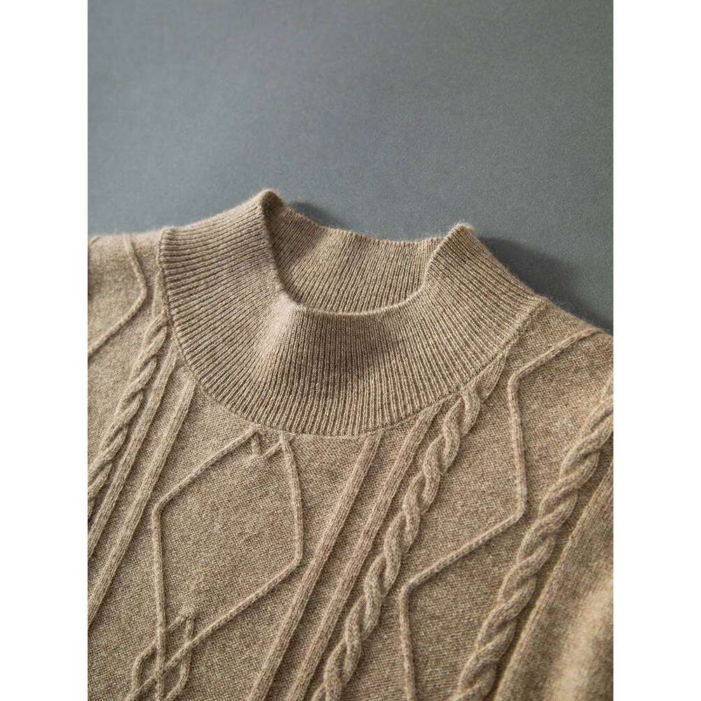 High-End Men 100% Sweater Twist Flower Mock-Neck Pullover Autumn Winter Cashmere Knitwear Long Sleeve Smart Casual Tops