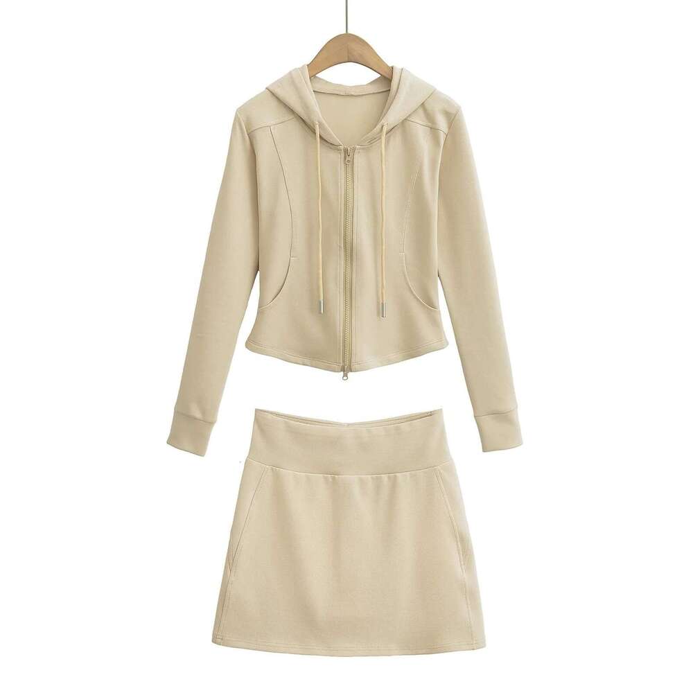 American Style Spicy Girl Hooded Sweatshirt With Casual Sports Skirt + Pure Desire Slim Fit Flared Long Pants Set B5 g5