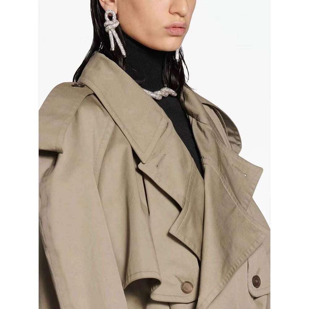 CHICEVER Oversize Spliced Lace Up Jacket For Women Lapel Long Sleeve Patchwork Double Breasted Casual Short Trench Female Autumn