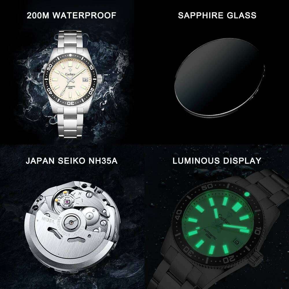 CADISEN New 38mm Diver Mens Watch Japan NH35A Automatic Mechanical Sapphire Glass Date Luminous 200M Waterproof Wrist watch Men free shipping