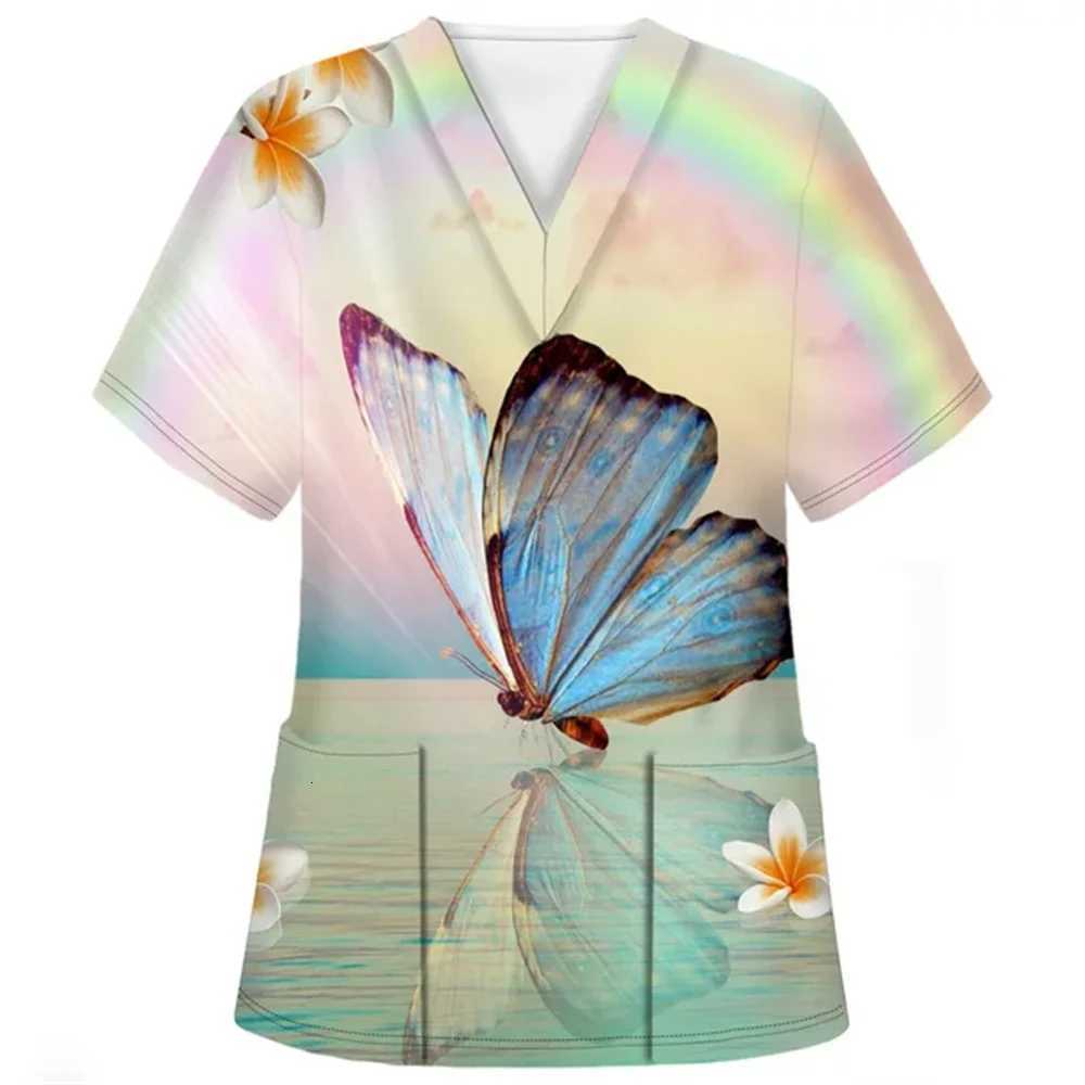 Medical Clothes Elegant Butterfly Print V-Neck Surgical Uniform Woman Short Sleeve Color Patch Pocket Top Clinical Uniform Woman Z250718