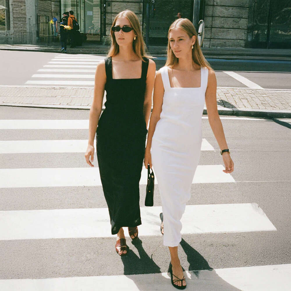 Minimalist Solid Color Square Neck Strap Summer New Slim Fit Cotton Linen Long Dress B5