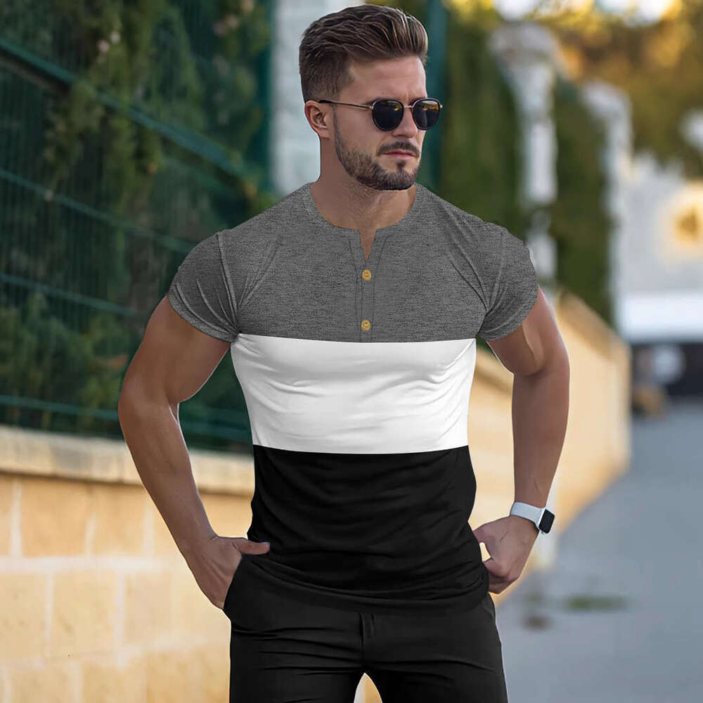 New Button Round Neck Short Sleeve Summer Casual Sports Three-Color Patchwork Men's T-Shirt Henley Shirt B5