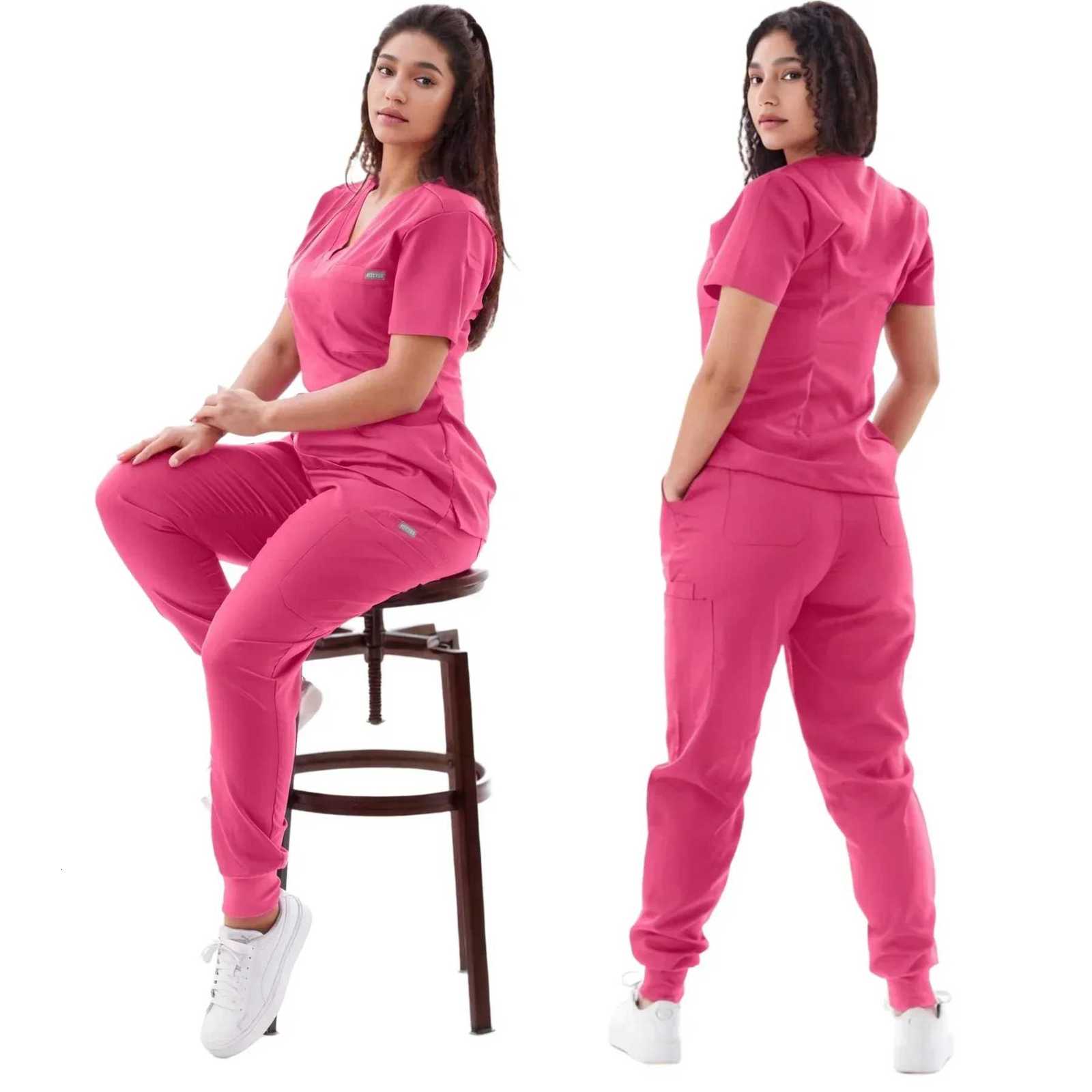 Multicolour Jogger Suit Nurse Scrubs Set Medical Clinical Clothes Doctor Nursing Uniforms Short Sleeve V-neck Tops Pocket Pants Z250718