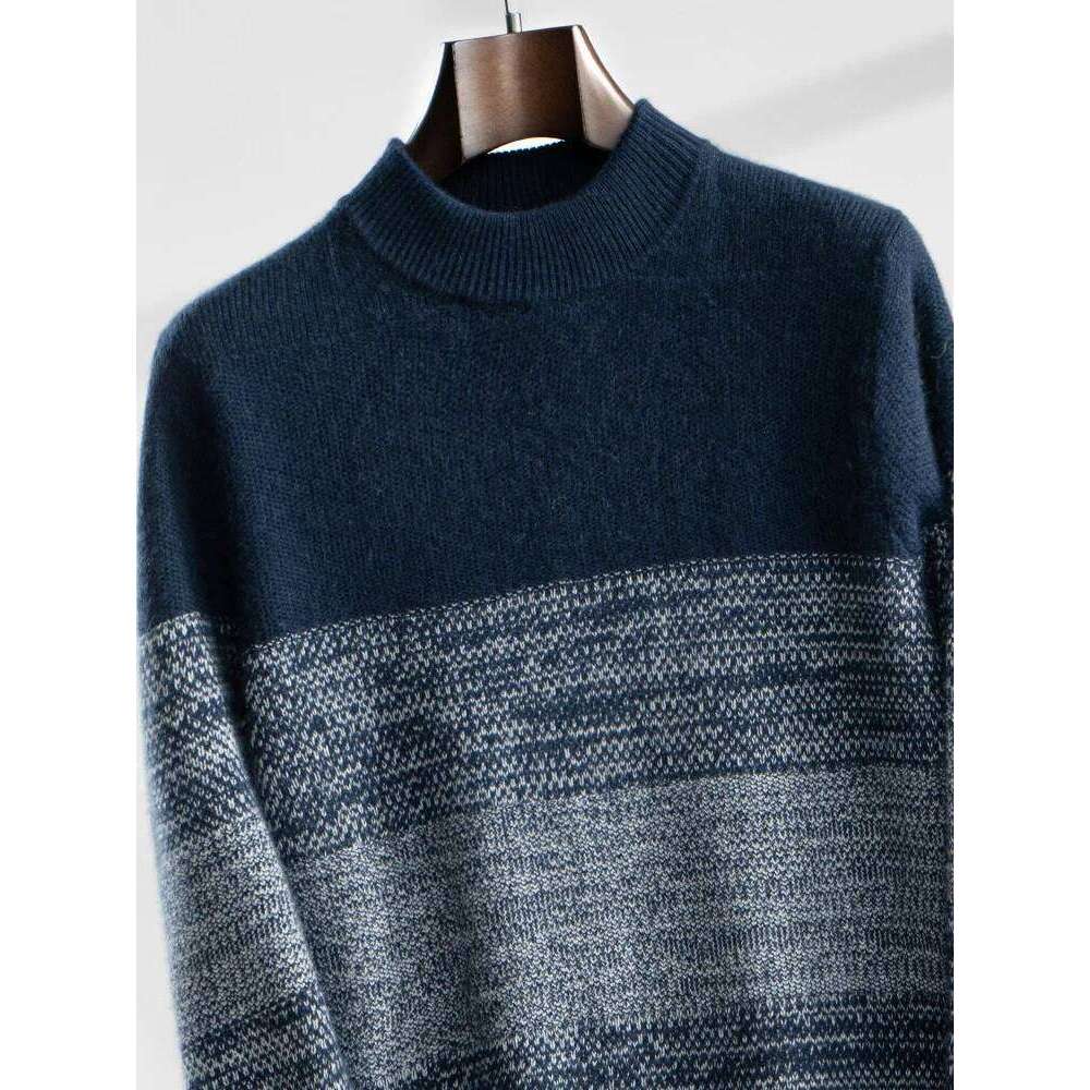 High Quality Men Sweater Mock Neck Striped Pullover Autumn Winter Thick 100% Cashmere Knitwear Soft Warm Clothing Tops