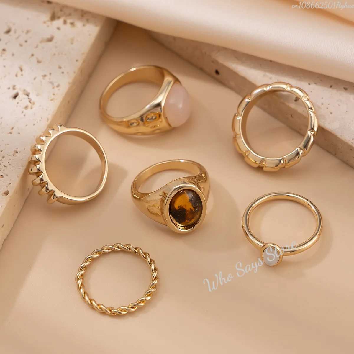 6pcs/set Tide Individuality Retro Geometric Hollowing Inlay Gem Rings Set Liquid State Metal Four-Piece Rings Set Paty Jewelry X250718