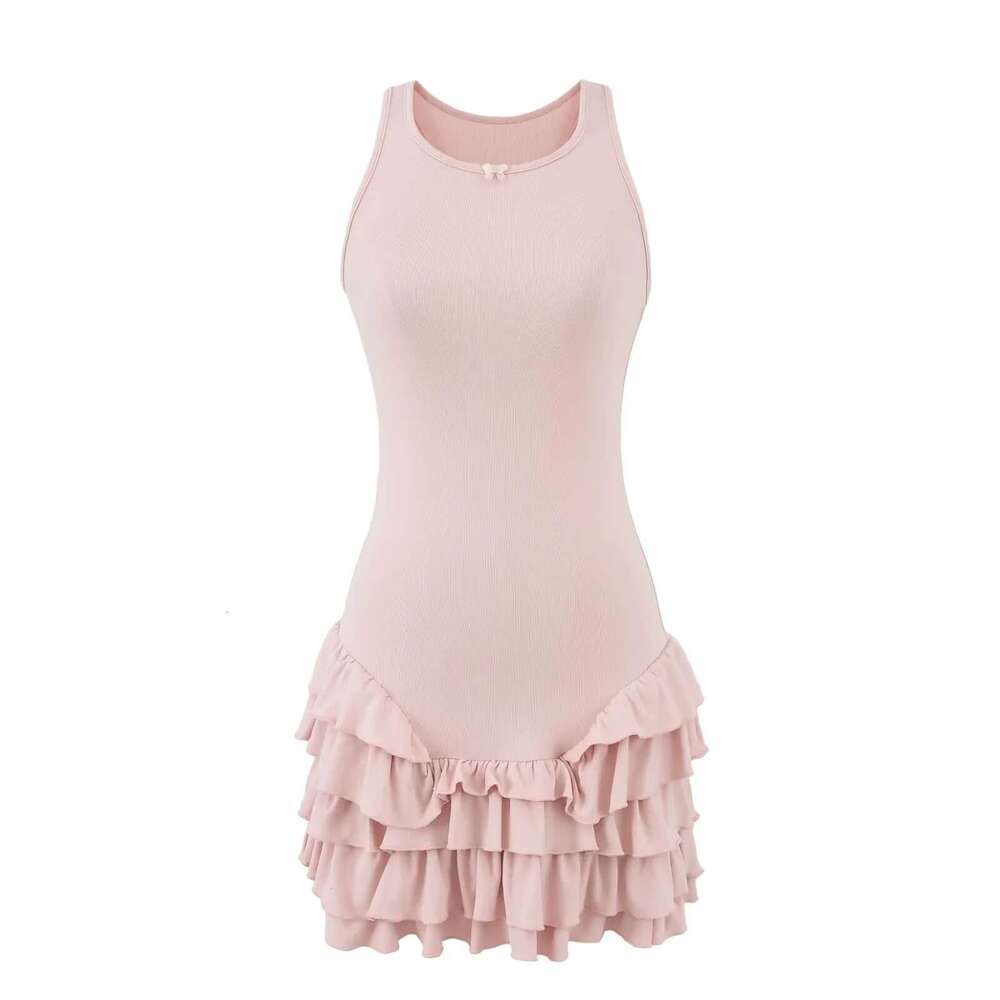 American Style Sexy Hot Girl Bow Sleeveless Underskirt Cake Short Sweet Internet Celebrity Patchwork Mini Tank Top Skirt B5