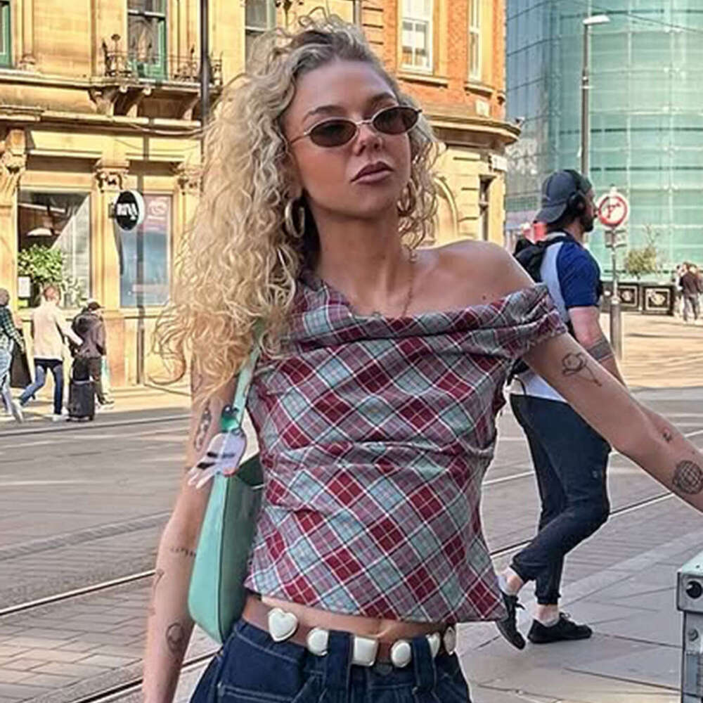 Red Plaid Asymmetrical Neckline Off-Shoulder Vest Summer Sexy Backless Short Sleeveless Outerwear Top B5