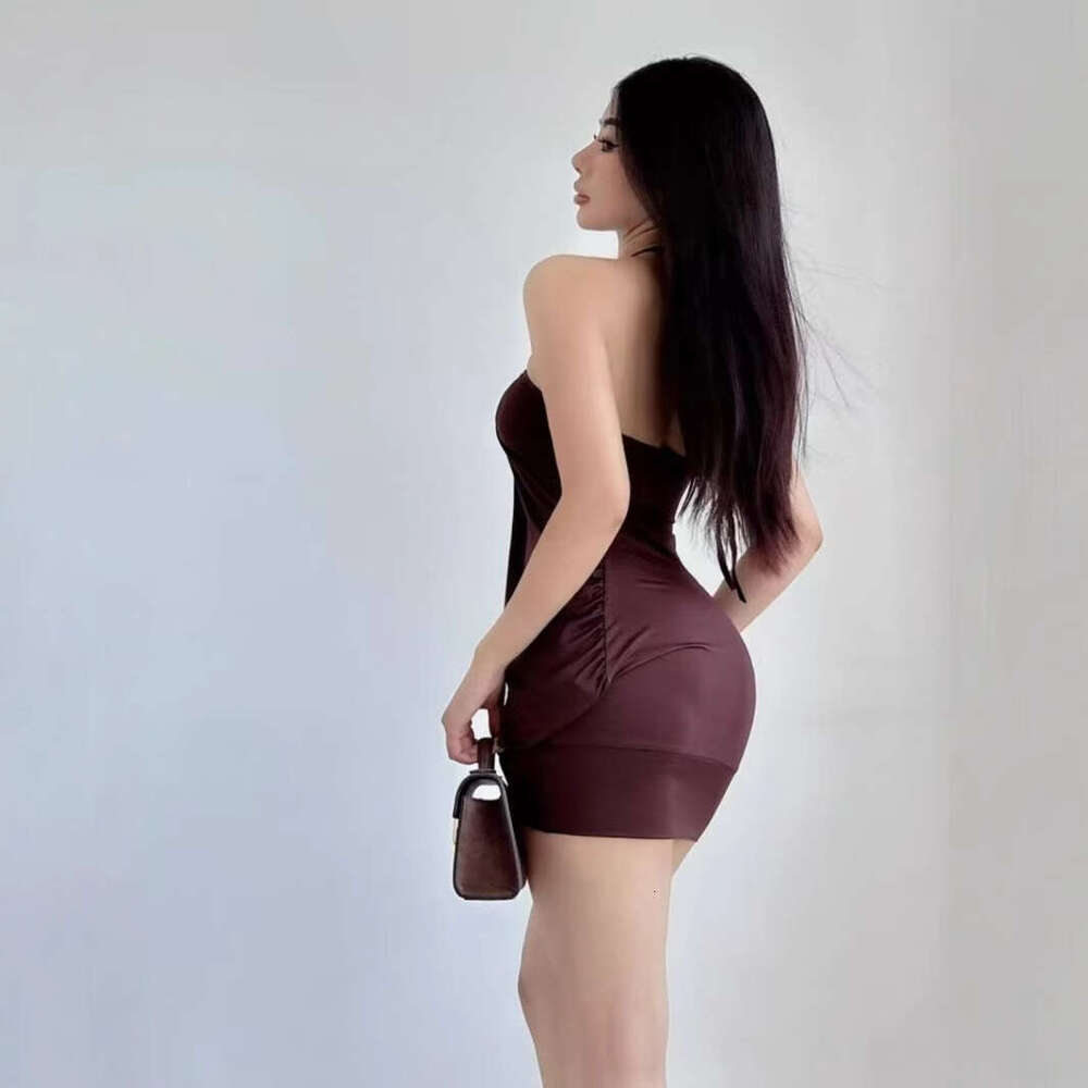 American Style Spring Summer Spicy Girl Sexy Strapless Lace-Up Halter Neck Ruched Draped Lantern Bodycon Short Dress B5 g5