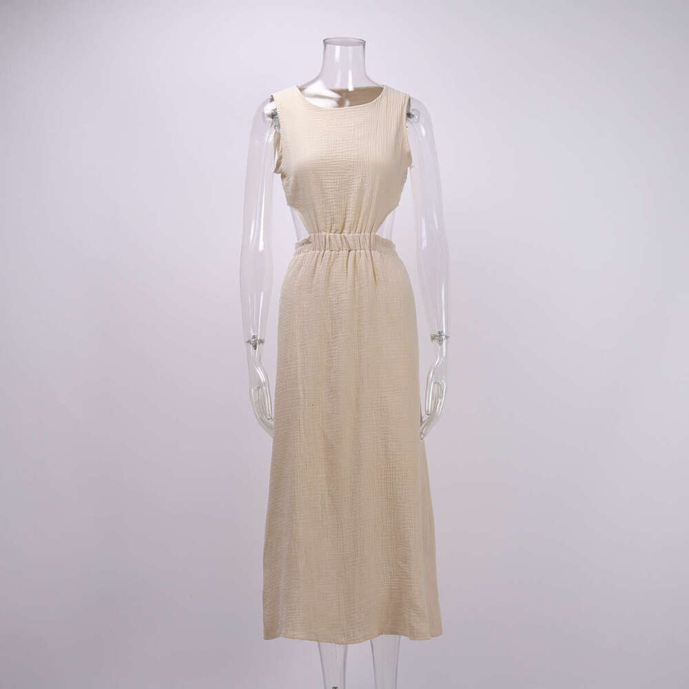 Double Layer Zou Fabric Summer Fashion Casual Back Single Button Waist Design Tank Dress B5