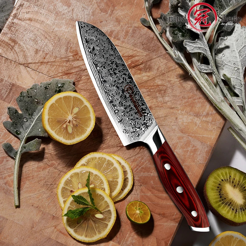 Grandsharp 5 Inch Santoku Knife Japanese Kitchen Knives Damascus Steel Chef Knife with Pakka Handle Full Tang Cooking Tools 250715