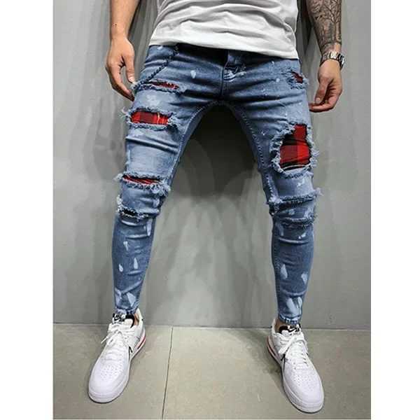 2025 Jeans Pencil Pants Holes Distressed Men Streetwear Denims Patchwork Mid Waist Slim Fit Washed Denim Ankle Length Trousers X250718
