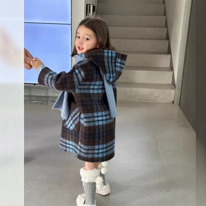 Children's Coats Plaid Printed Woolen Padded Hooded Coat Kids Jackets for Girls Winter Clothes Kids Jacket