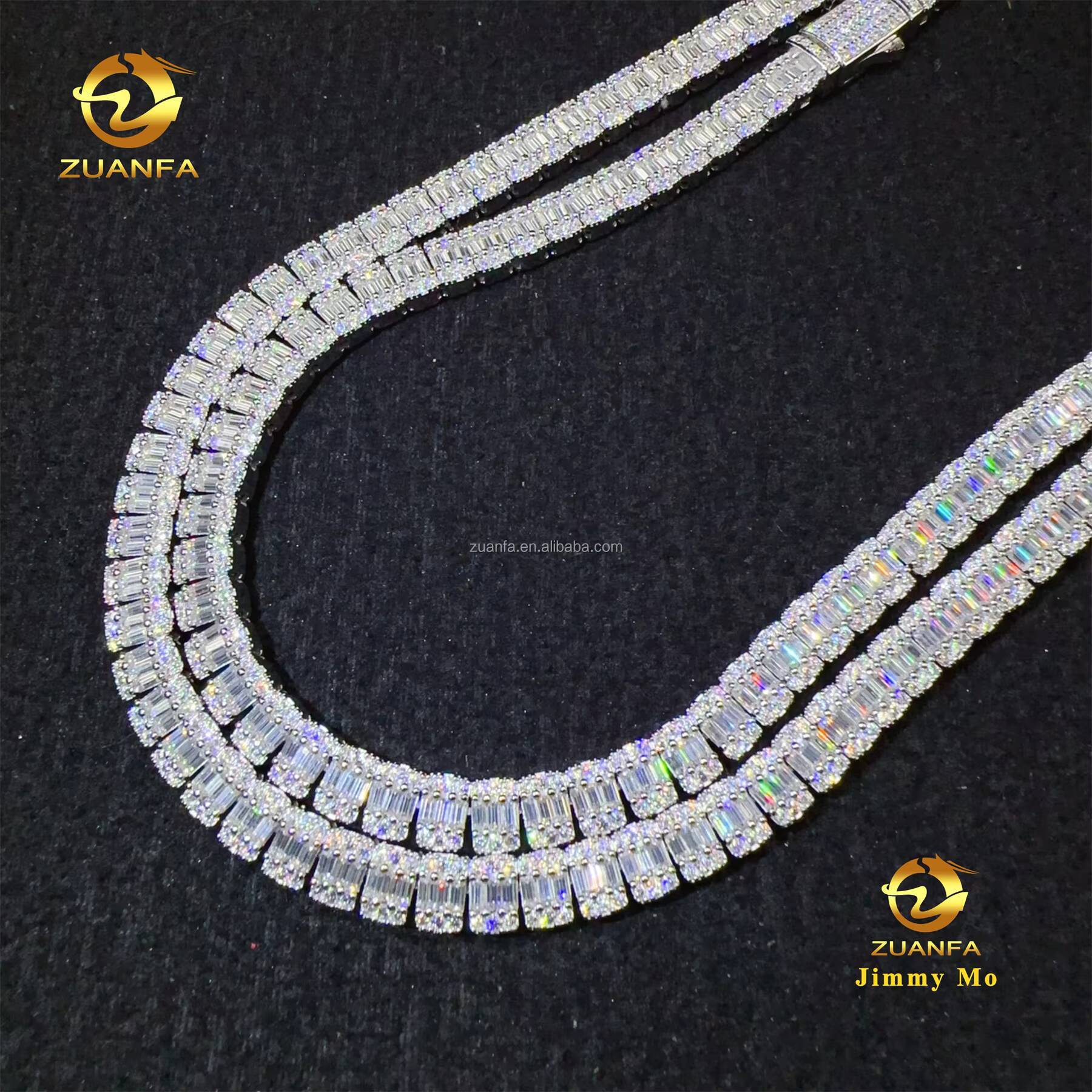 New Design Hip Hop Style Jewelry Iced Out 925 Solid Silver Rhodium Plated 8mm Baguette Moissanite Diamond Cluster Tennis Chain