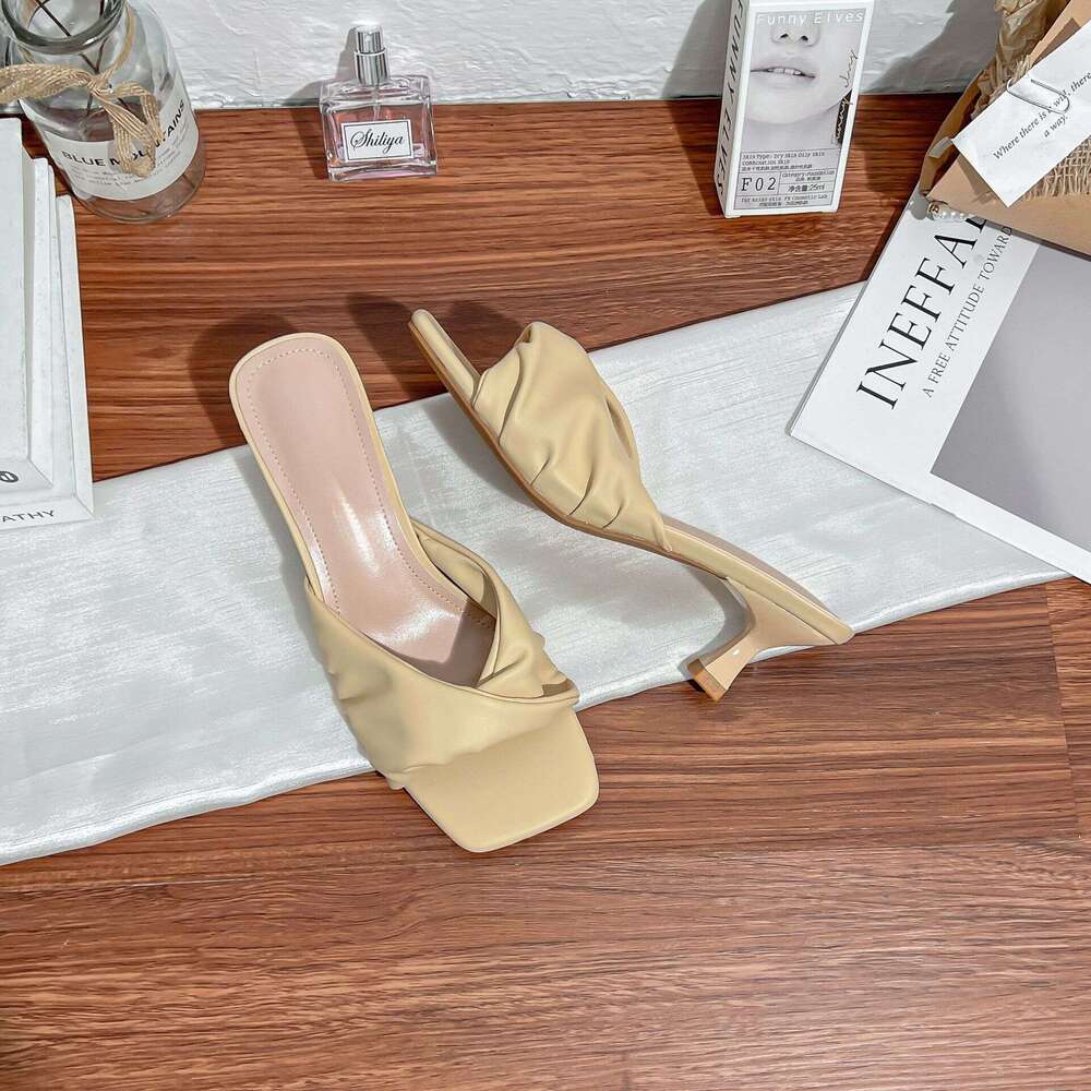 Designer Luxury High Heel Sandals Super Model Proportion 7cm French Square Toe Ruched Strap Mules Half Slippers for Women