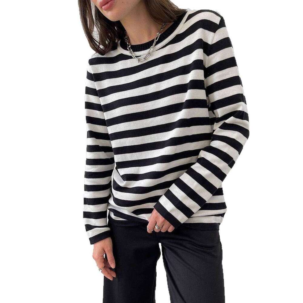 Round Neck Knitted Spring Versatile Classic Striped Pullover Sweater For Women B5