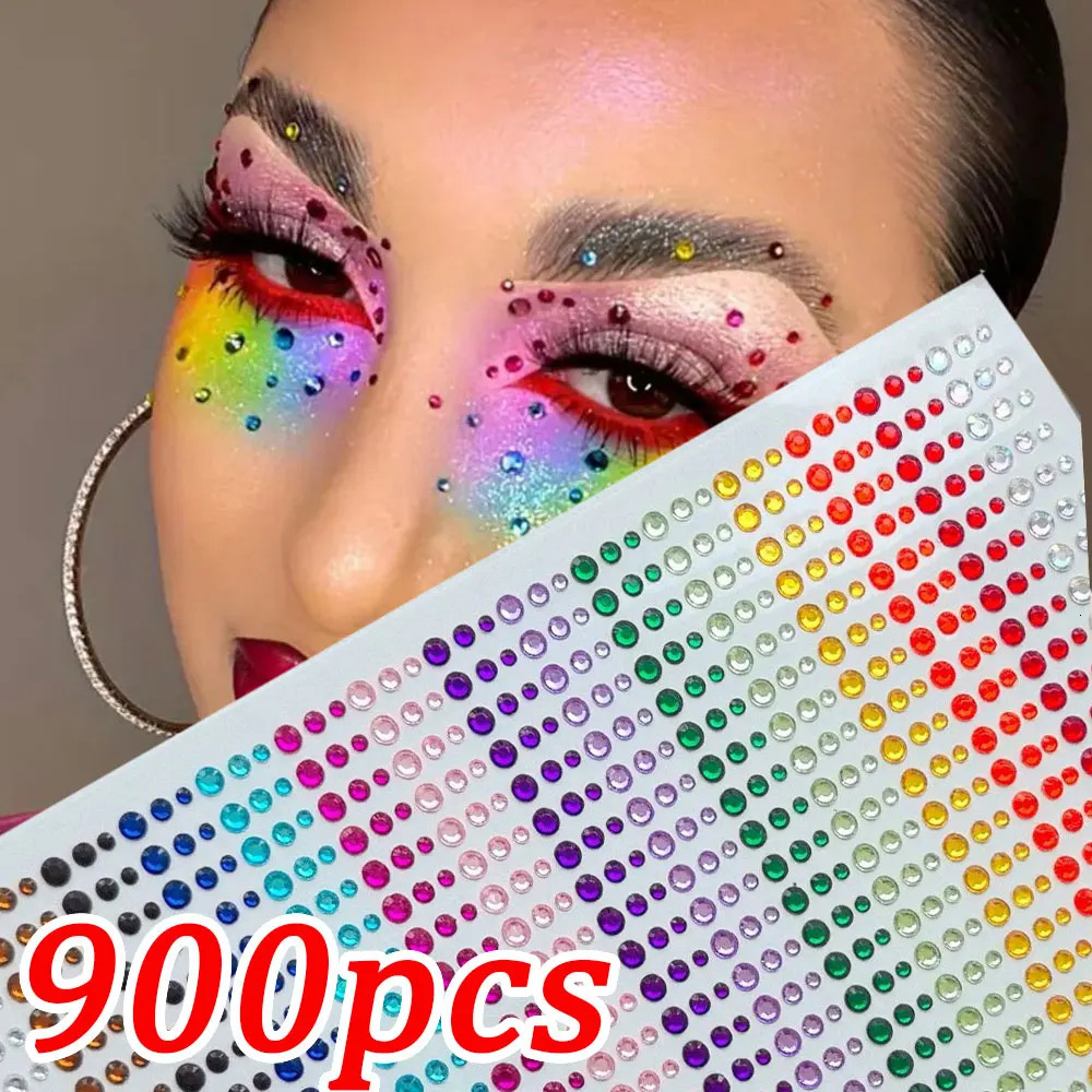 1sheet 900pcs Rainbow Face Glittle Gem Stickers StickOn Tattoo Eye Jewels 345mm Mix Wedding Party Make Up 250714