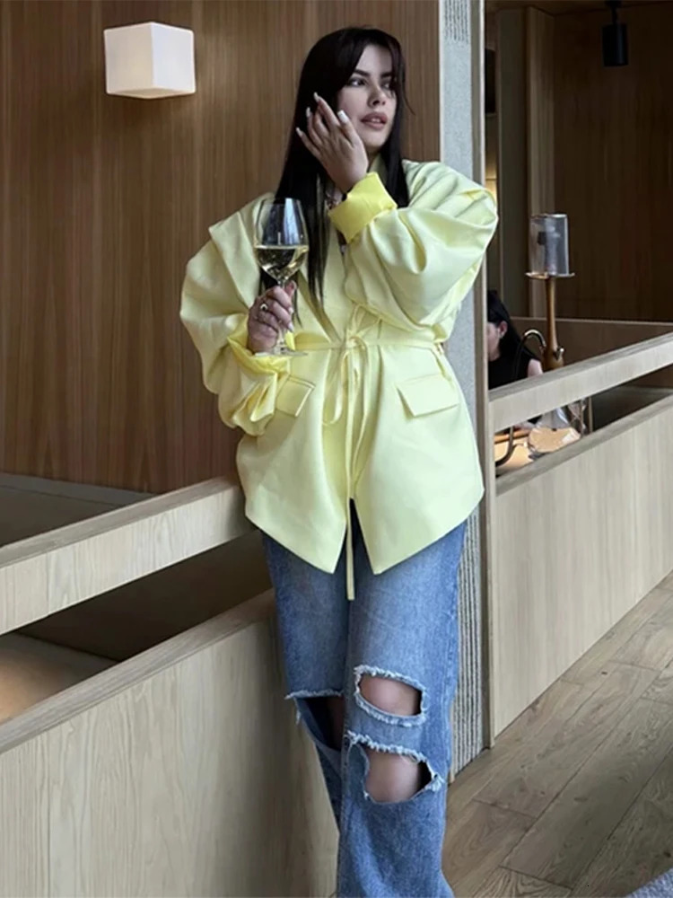 Loose Stripe Blazer Women V Neck Fold Cuffs Long Sleeves Shoulder Pad Coats Female 2025 Summer Fashion Chic Oversize Outwears 250715