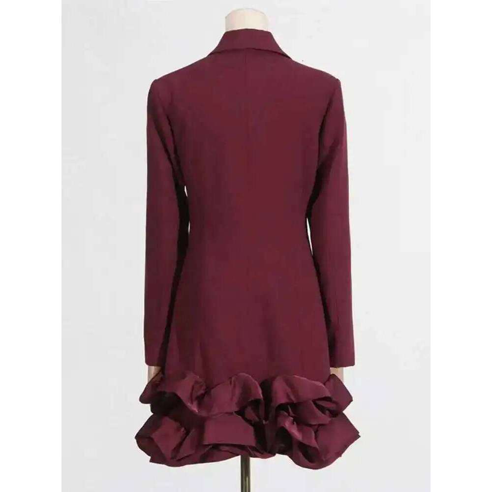 EAM Women Wine Red Elegant Suit Dress New Lapel Long Sleeve Waist Ruffles Hem Jacket Fashion Tide Spring Autumn 2025 30A2877