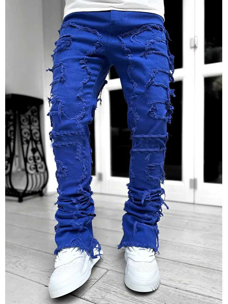 Mens Casual Distressed Jeans Tassels Patchwork Design Slim Fit Solid Color Stretch Denim Pants Straight Leg Streetwear Trousers X250718