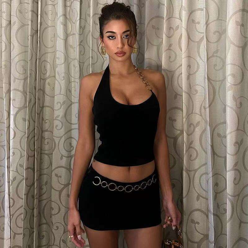 Sweet Cool Spicy Girl Set Metal Ring Halter Neck Short Vest Bodycon Skirt Royal Sister Style Party Outfit B5