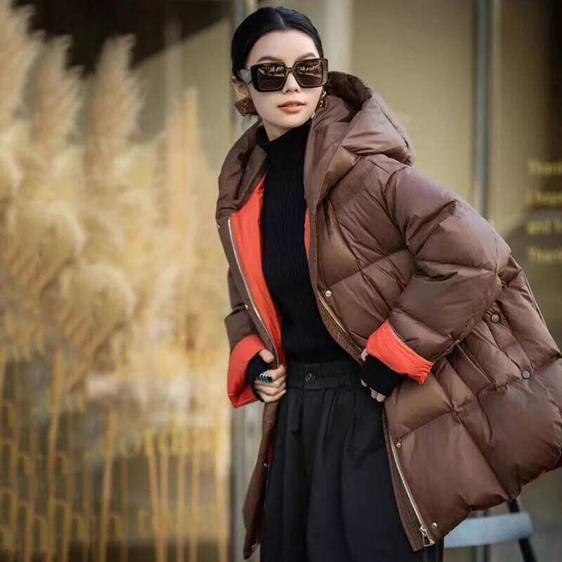 Schinteon Women Jacket Casual Loose Over Size Warm Autumn Winter Outwear White Duck Down With Hood Fashion Coat 2024 New MDNG