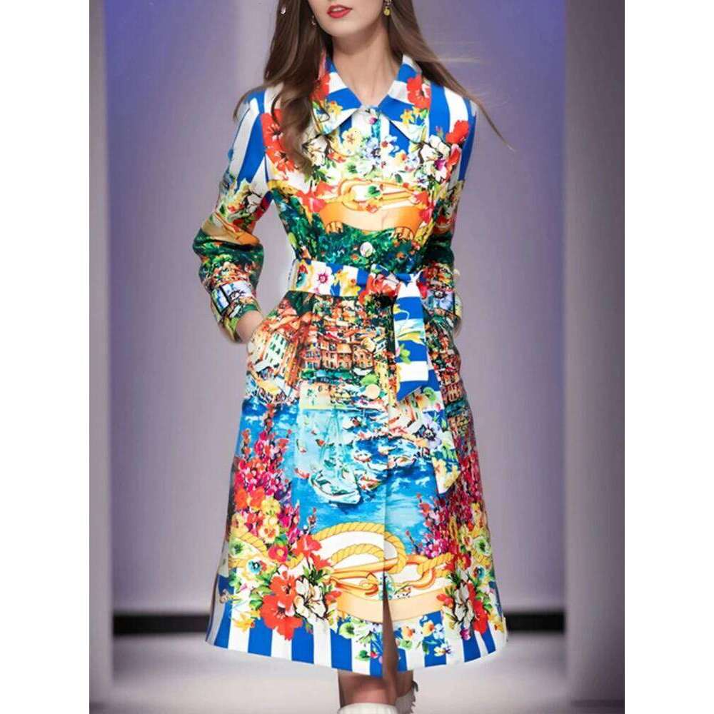 Fashion Ladies Printed Lapel Long-Sleeved Belt Windbreaker Coat Spring And Autumn New Single-Breasted Retro Joker Dress