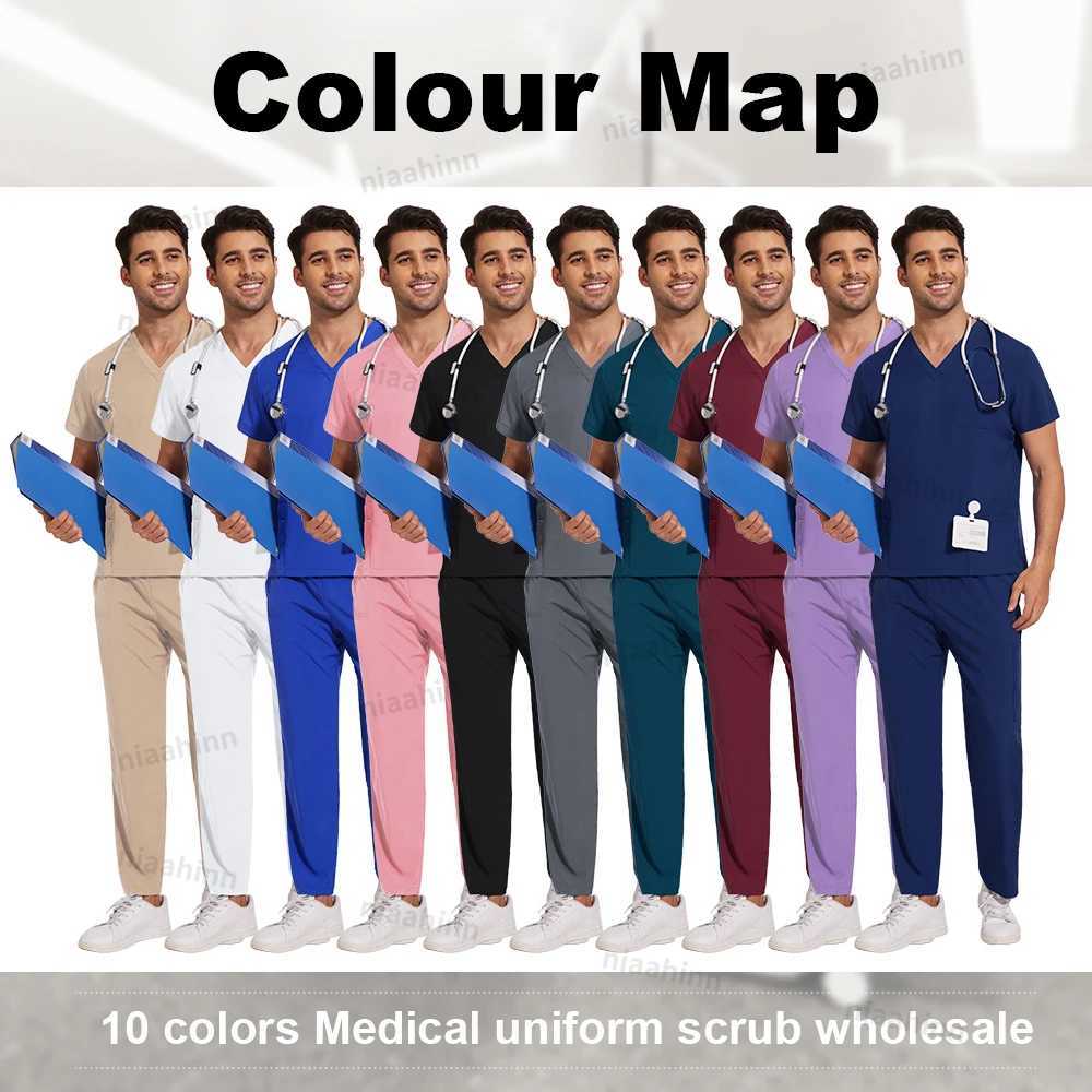 Medical Mens Scrubs Lab Set Male Wholesale Clinic Hospital Doctor Overalls V-neck Top Pants Nursing Scrub Pharmacy Nurse Clothes Z250718