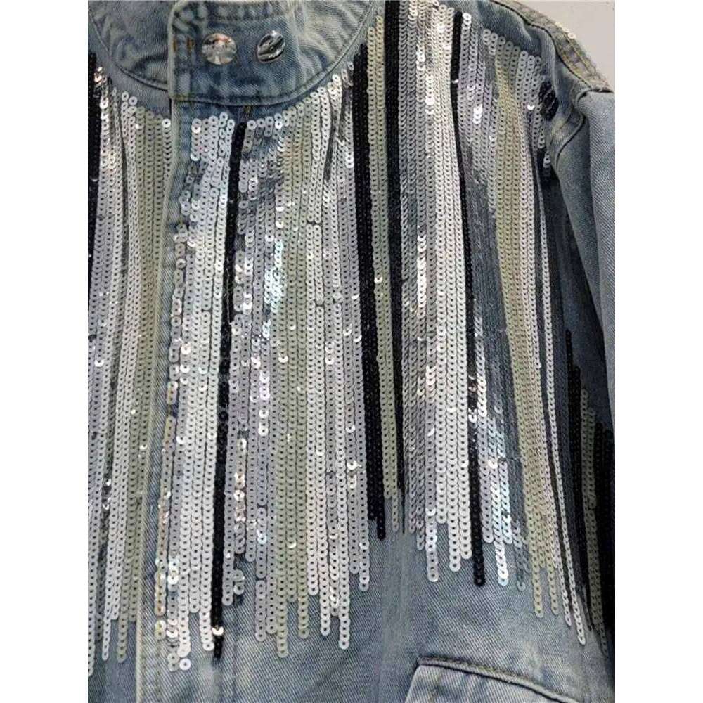 DEAT 2024 Autumn Trendy Fashion Women Striped Sequins Design Loose Denim Coat Turn-Down Collar Long Sleeve Jacket Female 29L8081