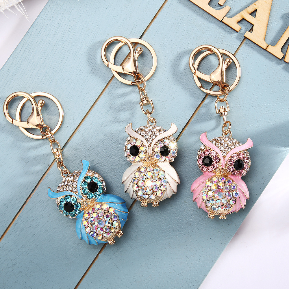 Free Shipping Diamond-inlaid Owl Bag Charms Cute Animal Metal Keychain Hanging Accessories For Girls