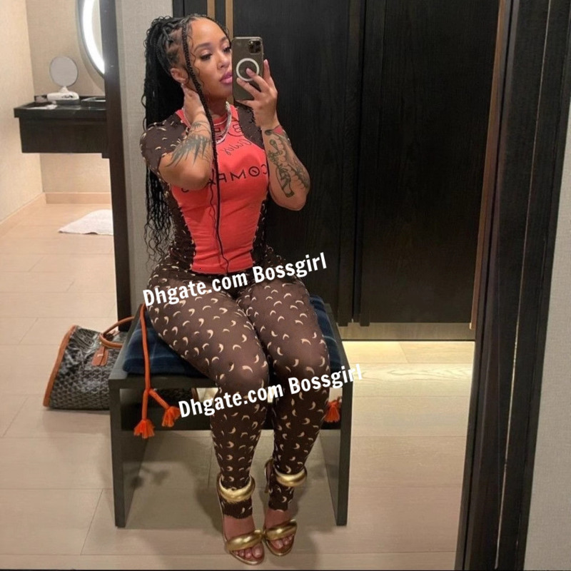 Women Tracksuits Two Pieces Set Designer 2025 New Fashion Trendy Moon Print Design With Elastic Slim Fit Sexy Base Top Pants Set 10 Colors