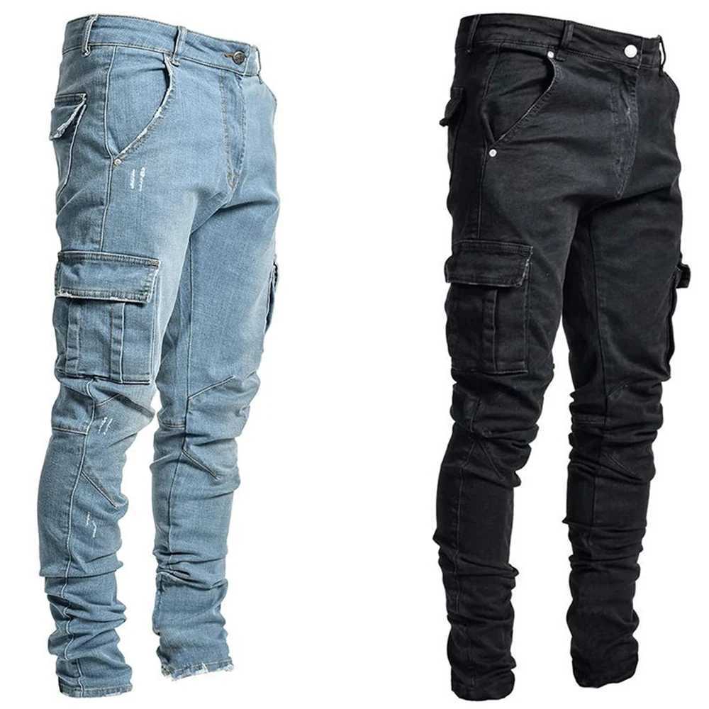 Fashion Streetwear Ripped Skinny Jeans Men Side Multi Pockets Denim Cargo Pants Slim Fit Mens Pants Soft Elastic Joggers X250718