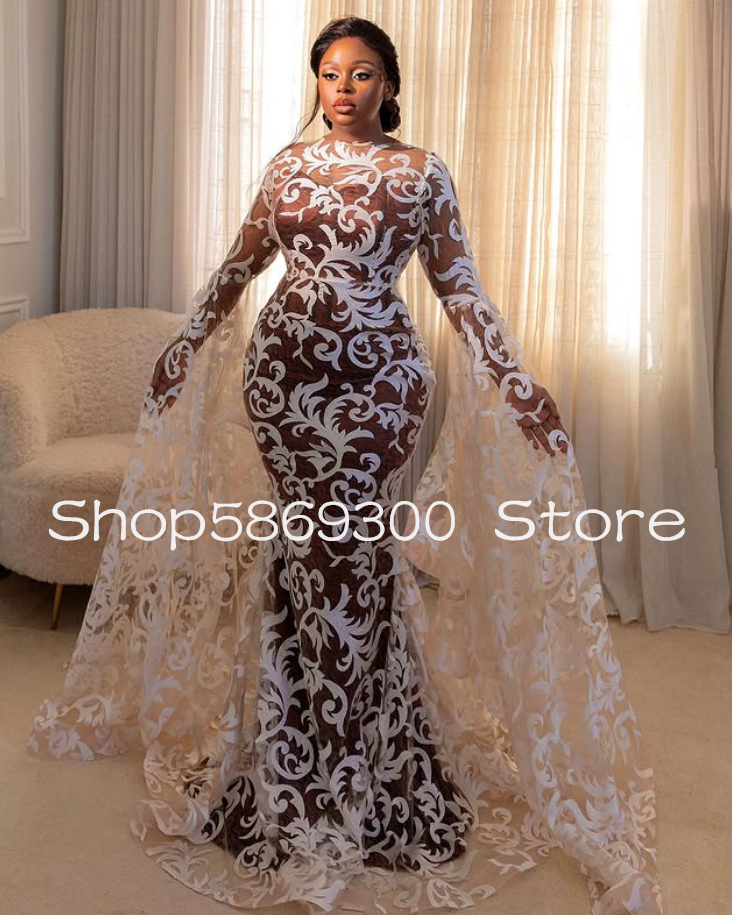 African Mermaid Nude Skin Wedding Dresses Lace Applique Long Sleeve Beach Garden Bridal Gown Customsized vestido de noiva