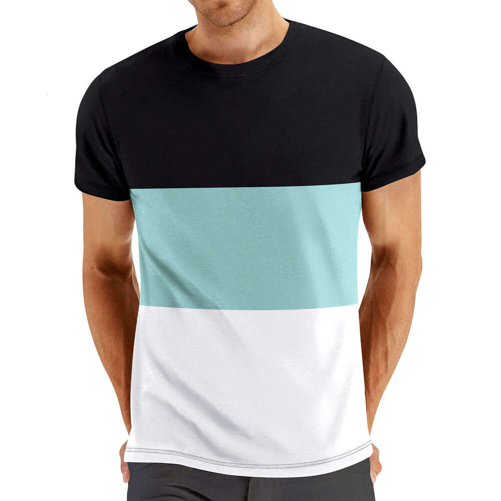 Summer Plus Size Casual Block Crew Neck Short Sleeve Fashion Contrast Color Men's Fitness Sports T-Shirt B5