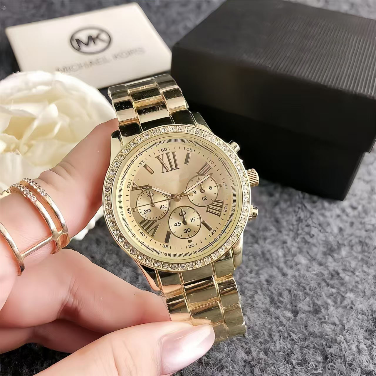 Women's Watch Steel Strip MK Three Eye Calendar Edition Rose Gold Simple and Elegant Versatile Casual Women's Watch