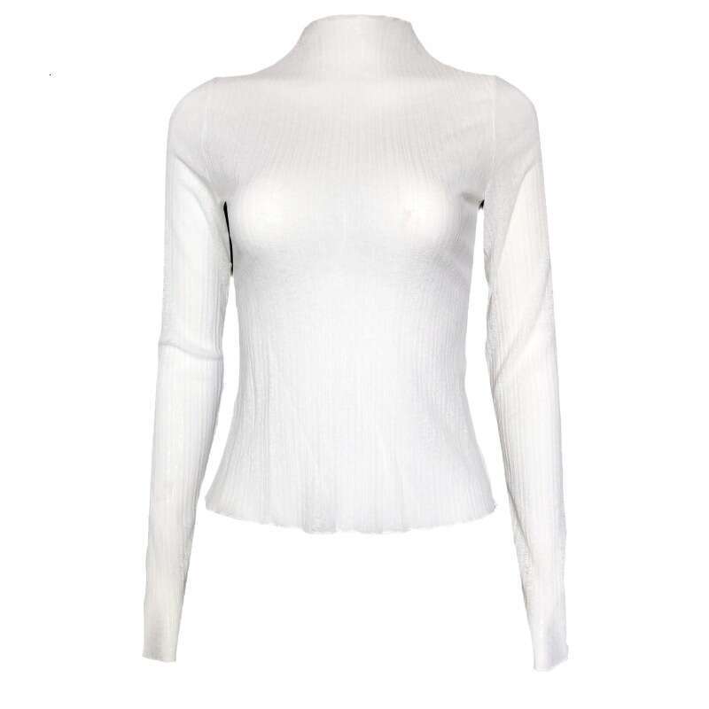 Ins Style Early Autumn New Women's Long Sleeve Mesh Sheer T-Shirt Solid Color High Neck Slim Fit Top B5