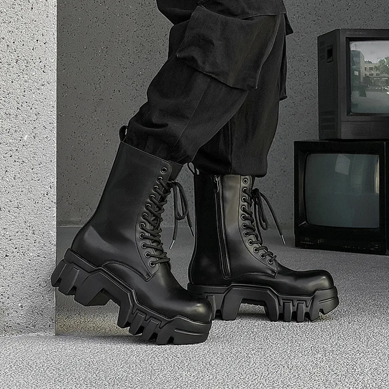 men fashion punk gothic platform boots original leather shoes cowboy high boot black stylish long motorcycle botas mans 250715