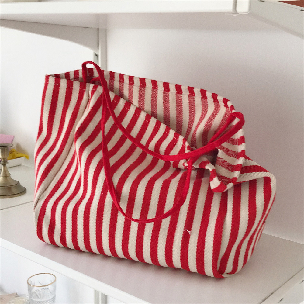 T01 Large Capacity Korean-style Classic Vintage Striped Shoulder Bag Chic and Simple Canvas Bag Trendy Street Style Bag