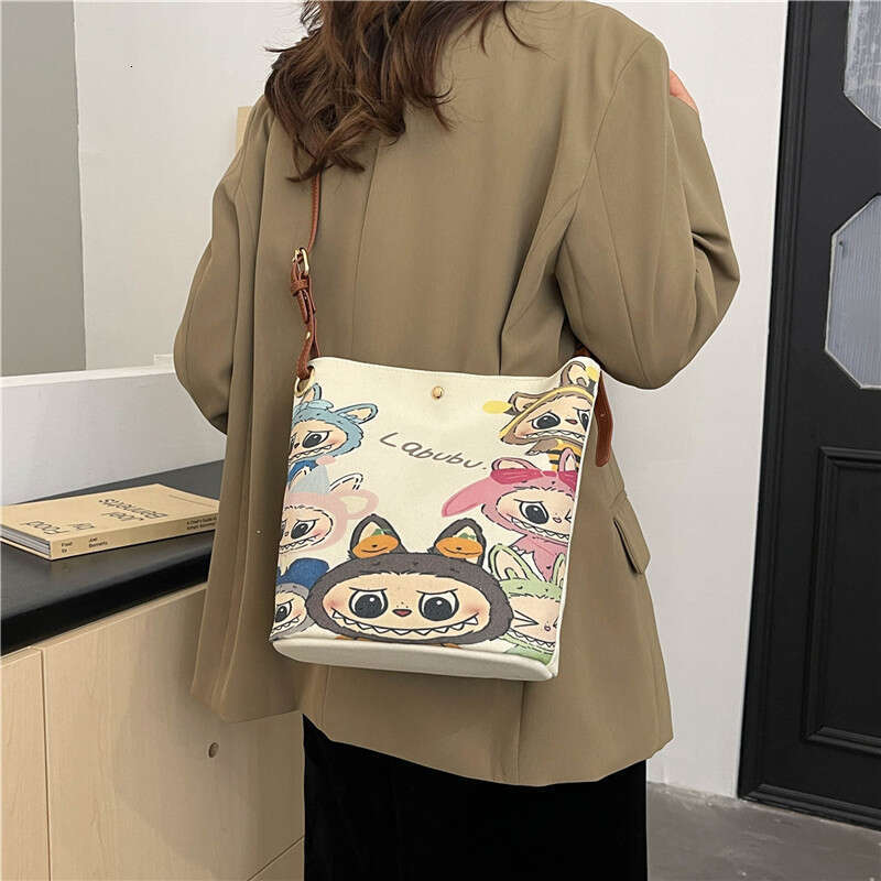 Versatile Cute Cartoon Bucket Canvas 2024 New Textured Painted Casual Shoulder Crossbody Bag