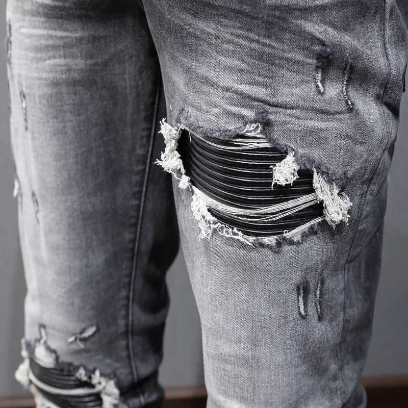 Designer Fashion New High Quality Black Gray Jeans Elastic Slimming Perforated Patch Washed Jeans High Street Hip Hop Brand Pants X250718
