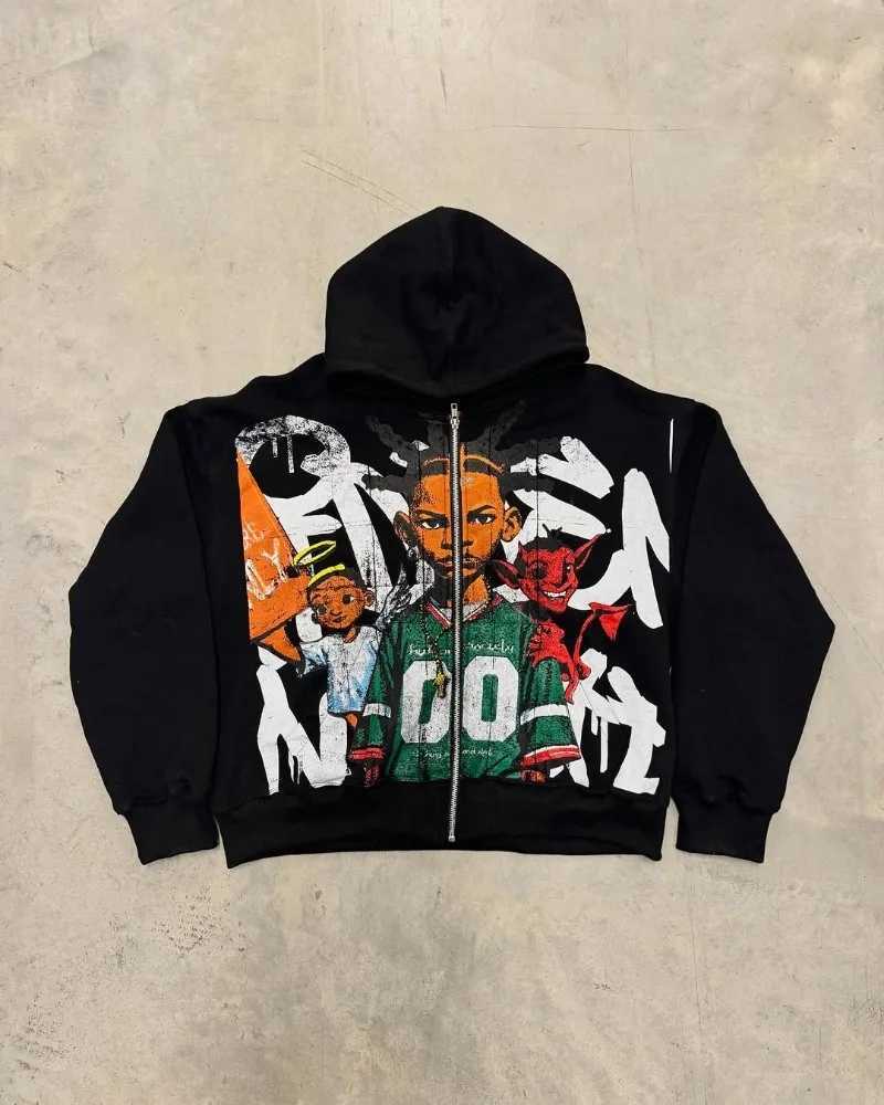 European and American Trendy Brand Hip-hop Cartoon Printed Fashion Zipper Hoodie Men Y2k Goth Hip-hop Oversized Sweatshirt Women X2507181