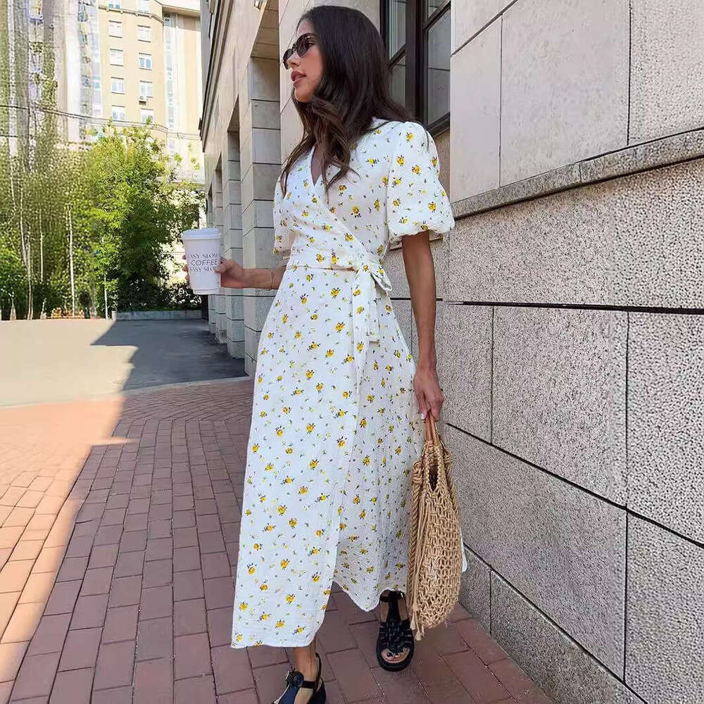 100% Cotton New Women's Puff V-Neck Tie Short Sleeve Printed Dress B5