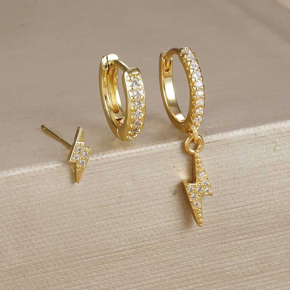 3PCS Gold Plated Lightning Flower Chain Drop Earrings Set for Women Stainless Steel Zircon Dangle Earring Piercing Jewelry X250718
