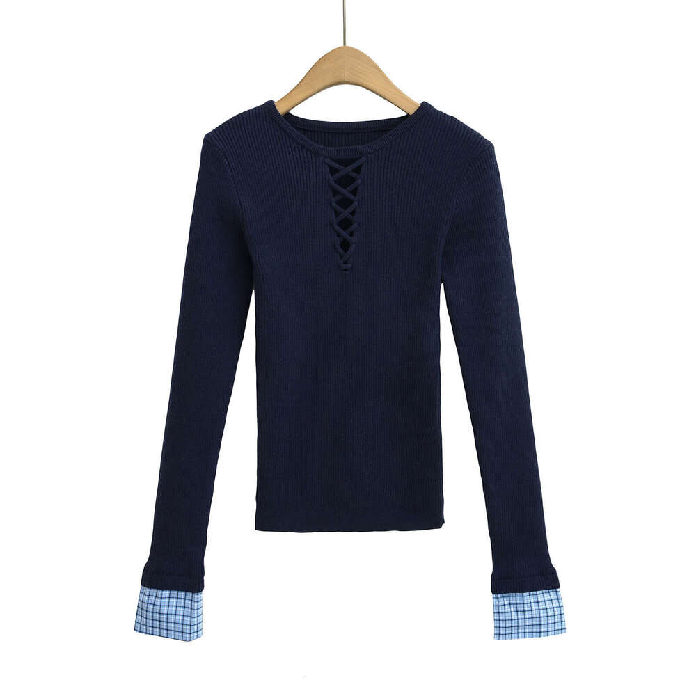 Spicy Girl Hollow Out Color-Block Plaid Patchwork Long Sleeve Knitted Spring Design Sense Pure Desire Slimming Inner Wear Top B5