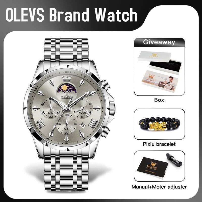 OLEVS 3653 Mens Quartz Multifunctional Chronograph Watch For Men 30M Waterproof Luminous Moon Phase Box Original free shipping