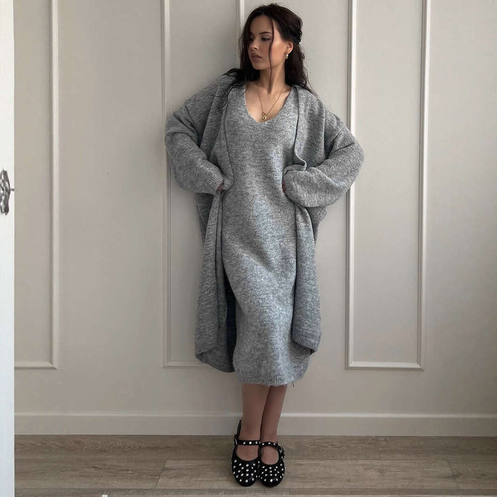 Autumn Winter Style Sweater Set For Women Loose Long Version Thickened Cardigan + V-Neck Vest Dress B5