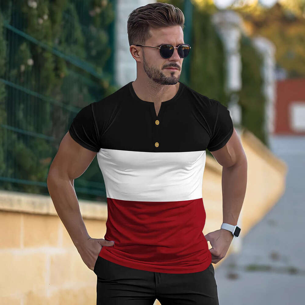 New Button Round Neck Short Sleeve Summer Casual Sports Three-Color Patchwork Men's T-Shirt Henley Shirt B5
