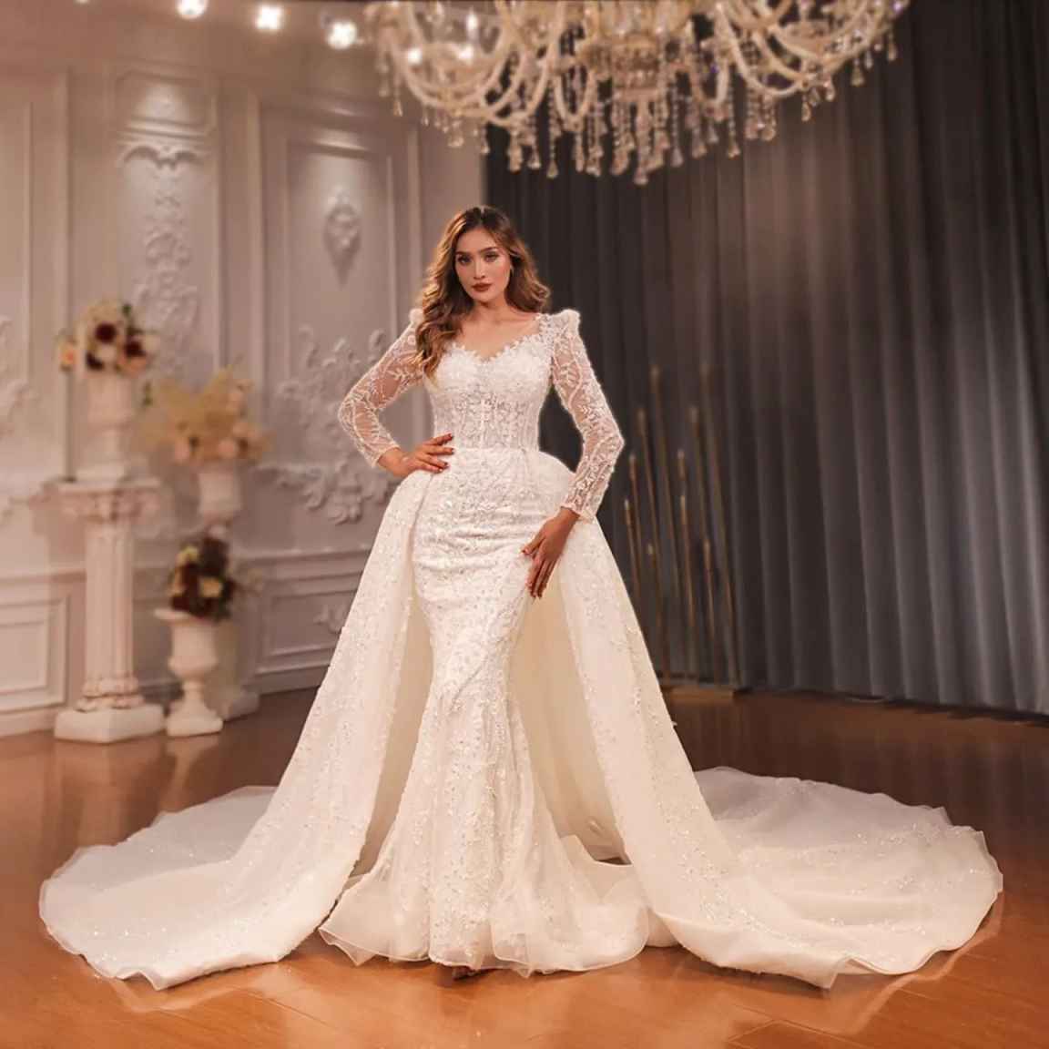 Elegant Mermaid Wedding Dress Sweetheart Neck Long Sleeves Bridal Gowns Sequins Appliques Detachable Train Dresses Custom Made vestidos de novia