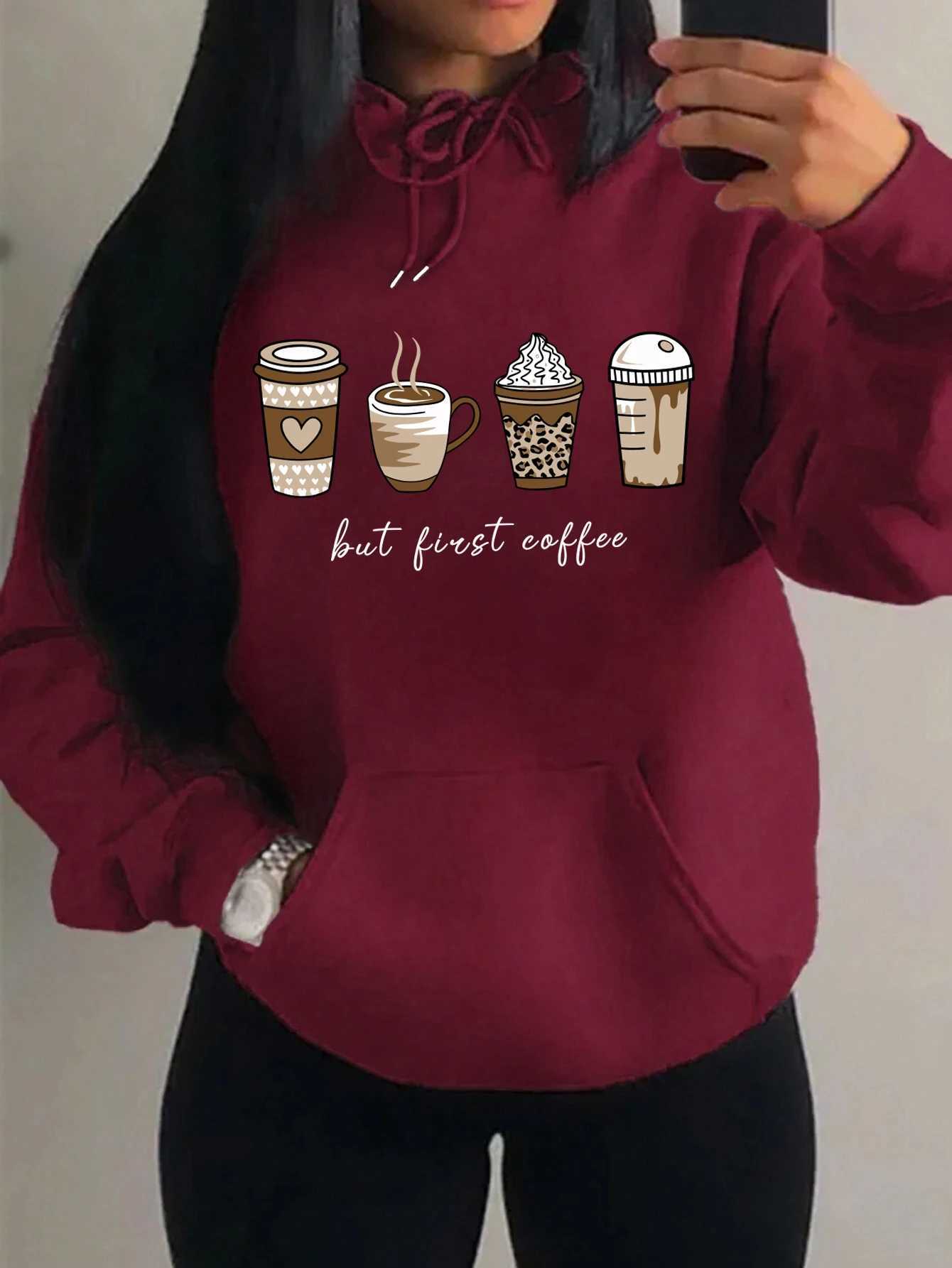 But First Coffee Cartoons Coffee Drinks Pattern Hoodies Fashion Warm Hoody Casual Trendy Sweatshirt Street Women Pullovers XJ250717