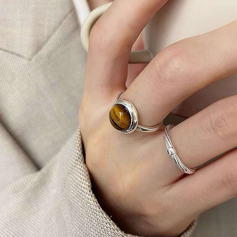 Tiqi S Pure Silver Niche Design Tiger Eye Stone for Women Ins Simple Personality Open Ring Trendy